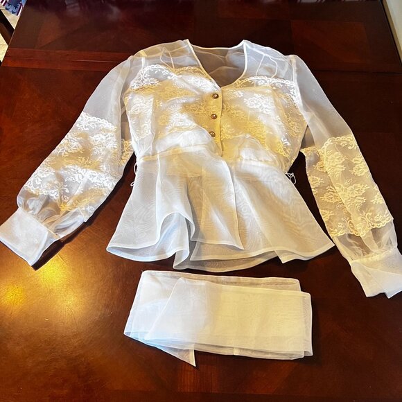 Sheer White Lace Button-Front Top Belted Waist & Long Sleeves Alex Evenings - Picture 9 of 15